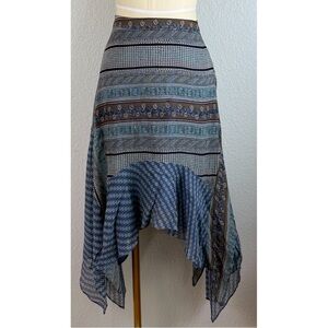 Sundance 100% Silk Asymmetrical Handkerchief Hem Blue Pattern Lined Skirt size 6